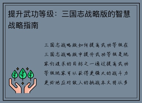 提升武功等级：三国志战略版的智慧战略指南